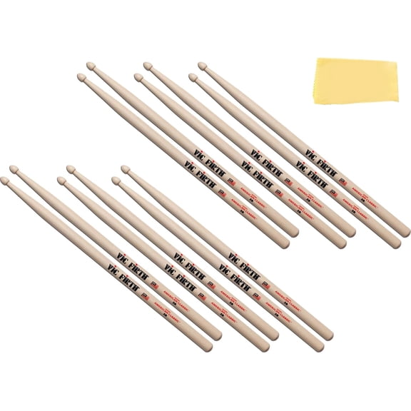 Vic Firth American Classic 2B Drumsticks - 6 Pairs with Austin Bazaar Polishing Cloth