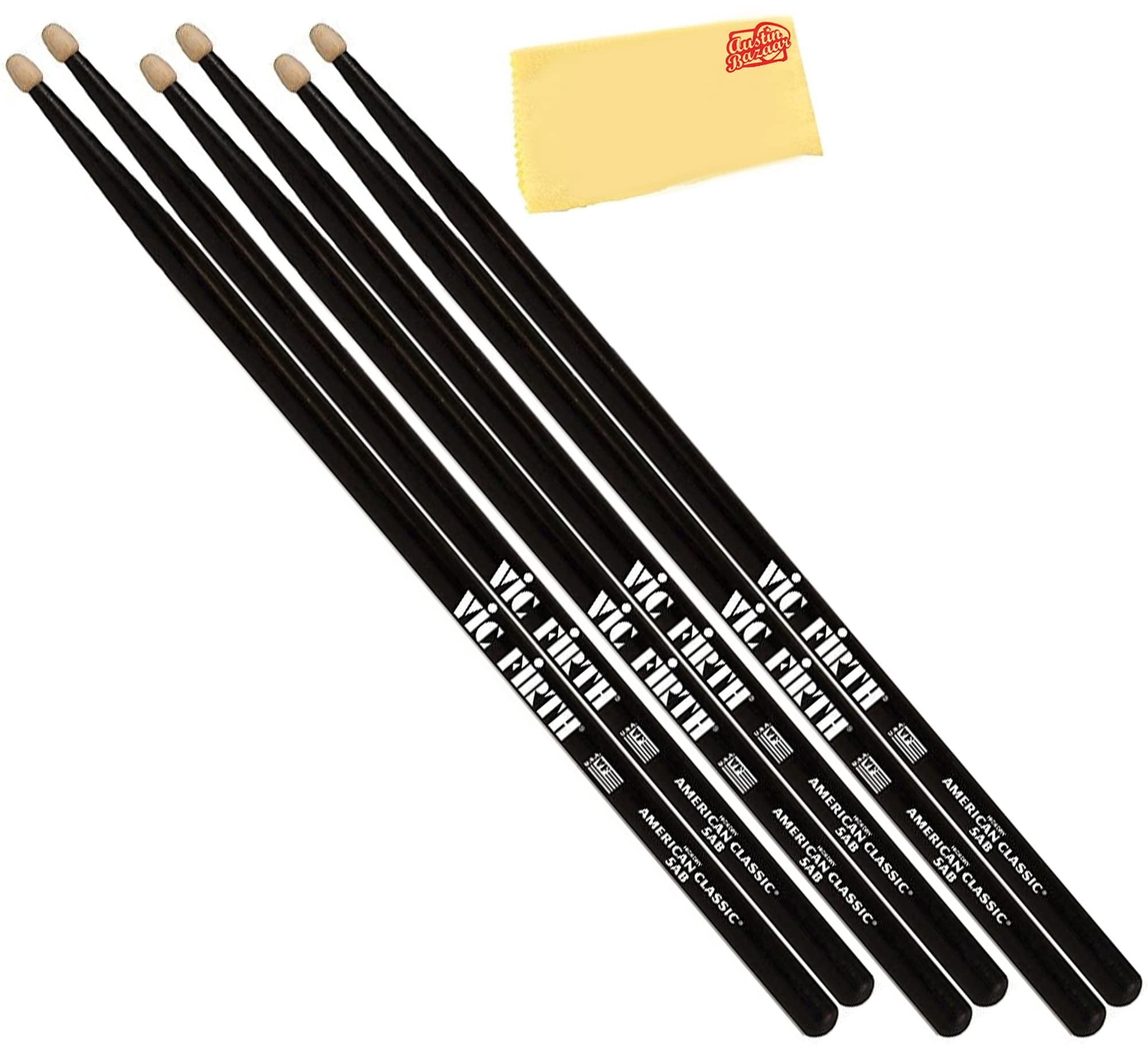 Vic Firth American Classic 5A Black Drumsticks - 3 Pairs with Austin Bazaar Polishing Cloth