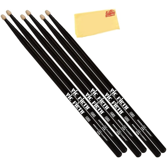 Vic Firth American Classic 5A Black Drumsticks - 3 Pairs with Austin Bazaar Polishing Cloth