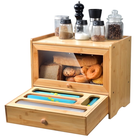 VicTsing Bamboo Bread Box, Corner Bread Box for Kitchen Countertop, Bread Box for Homemade Bread with Window, Bamboo Bread Box for Kitchen Countertop, Pantry Counter Corner