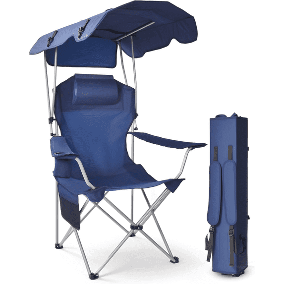 VicTsing Beach Chair with Canopy Shade, 25'' High Back Folding Camping Chair with Removable Headrest, Cup Holder, Side Pocket, 330 lbs Capacity