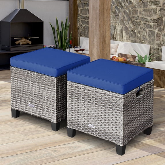Vicamelia 2PCS 16" Patio Rattan Ottoman with Cushion All-Weather Footstool for Outdoor Porch Deck, Navy