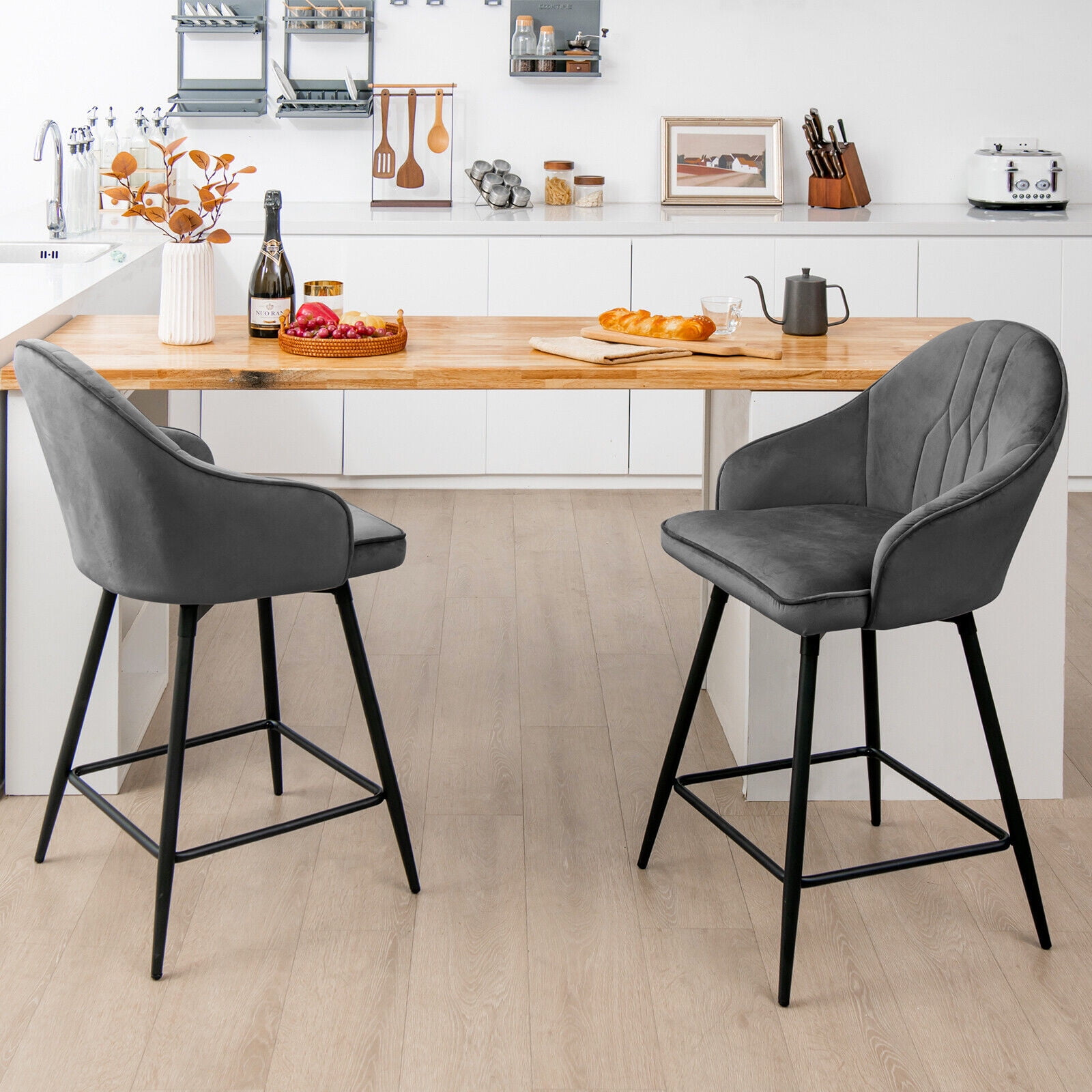 Vicamelia 360° Swivel Bar Stools Set of 2 Velvet Counter Height Dining