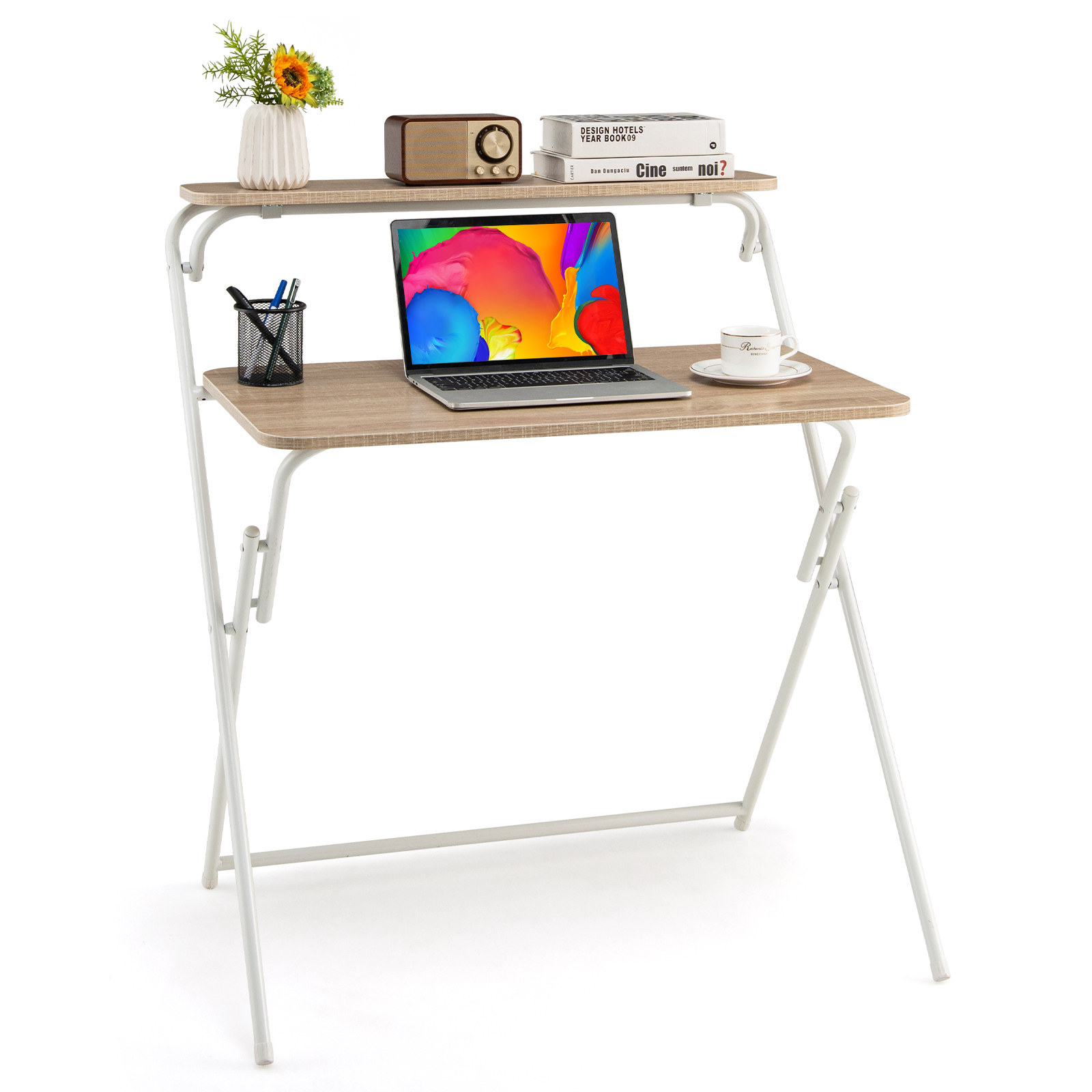 Vicamelia Folding Computer Desk, 2Tier Shelf Foldable Modern Large