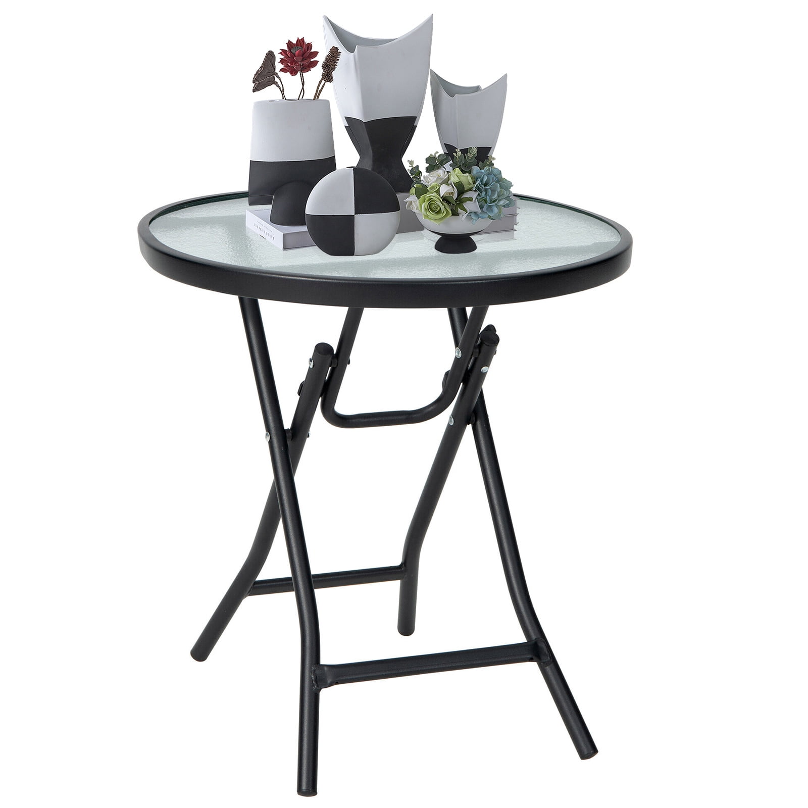 Vicamelia Patio Folding Round Side Table with Tempered Glass Tabletop ...