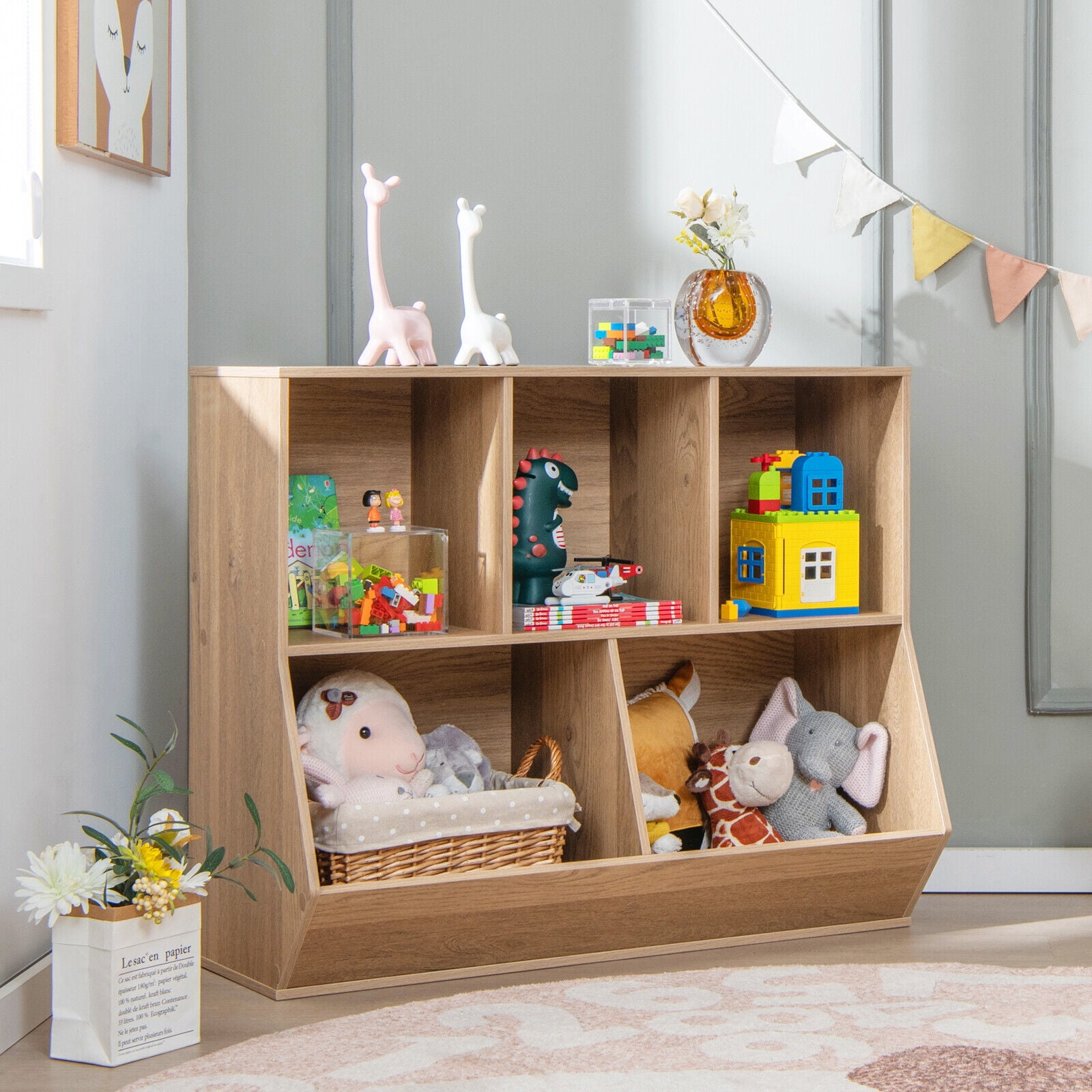 Vicamelia Wood Toys Organizer for Kids, 5Cubby Children Bookshelf, Toy