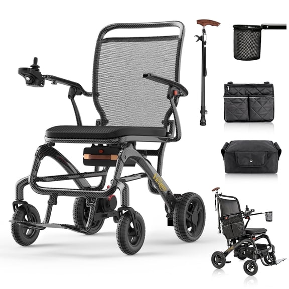 26lbs Ultralight 28MI 100% Carbon Fiber Electric Wheelchair for Adults with Cane & LED Light,Foldable Power Wheelchair,2*12AH Lithium Batteries,500W Brushless Motor,Airline Approval