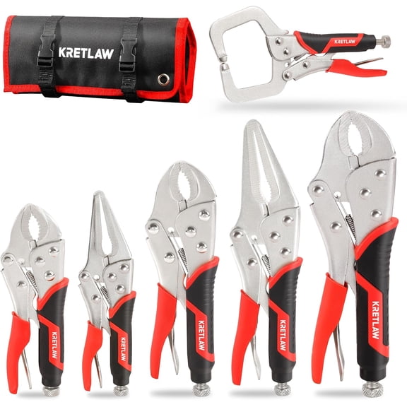 Vice Grips Pliers Set, 6-Piece Locking Pliers Set, 6-1/2&9-1/2 Long Nose Locking Pliers, 5, 7 and 10 Curved Jaw Vise Grip Pliers, 6 C-clamp with Rolling Pouch