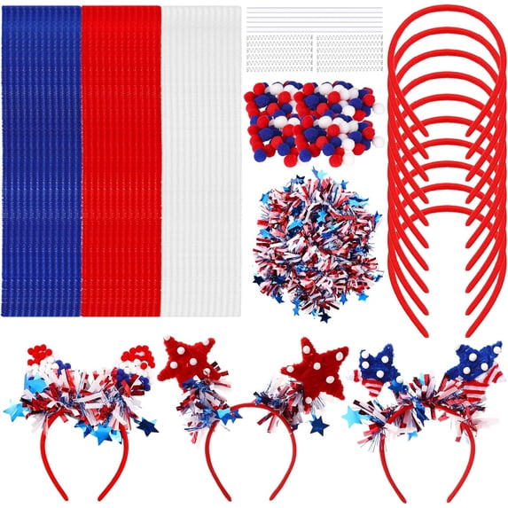 Patriotic Headband Boppers Craft Kit, 10 Sets Pipe Cleaner Hair Accessory Supplies For 4th Of July And Independence Day Party Favors, Red White Blue