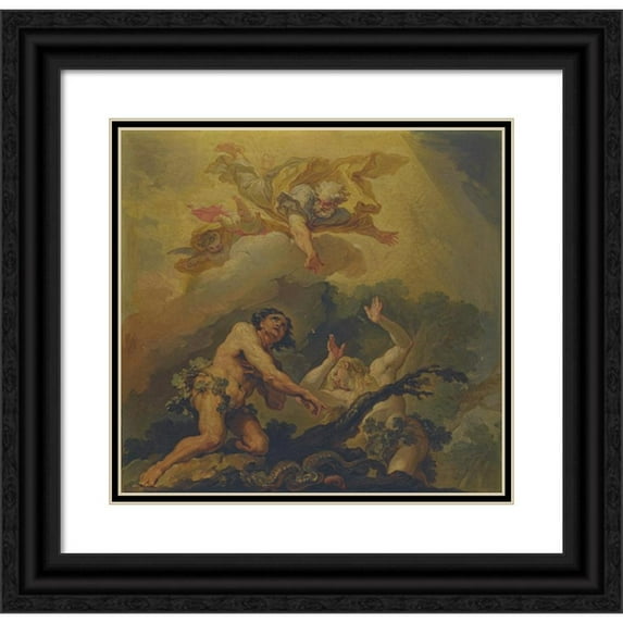 Vicente López Portaña 13x12 Black Ornate Wood Framed Double Matted Museum Art Print Titled: The Expulson of Adam and Eve from Paradise