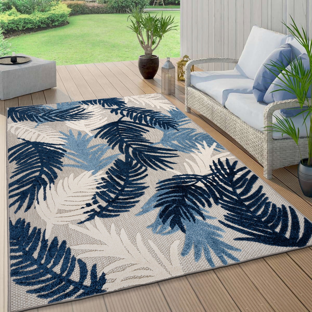 World Rug Gallery Tropical Floral Modern Indoor/Outdoor Area Rug - Navy 7'10" x 10'
