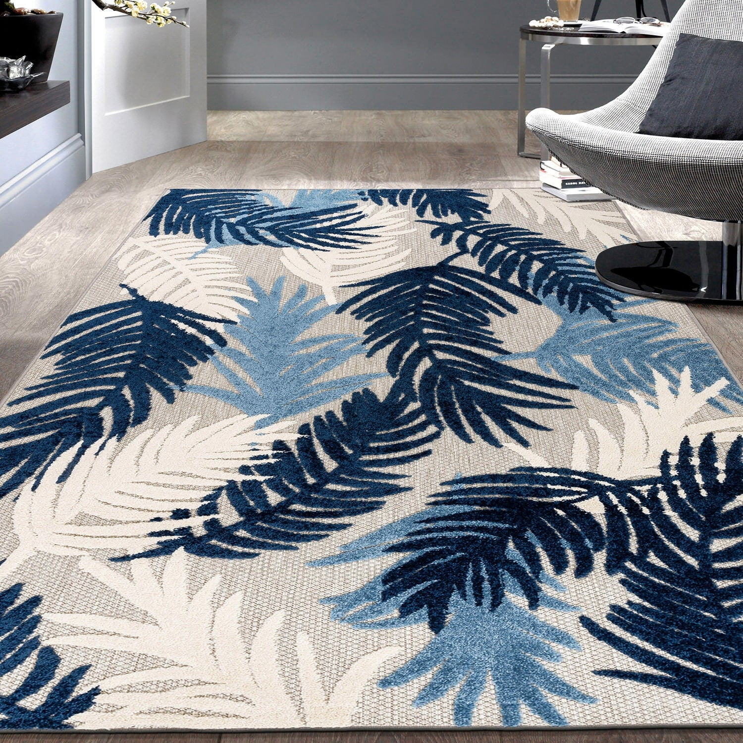 World Rug Gallery Tropical Floral Modern Indoor/Outdoor Area Rug - Navy 7'10" x 10'
