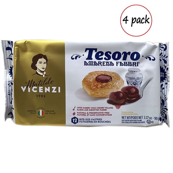 Vicenzi Tesoro Amarena Fabbri Puff Pastry with Cherry Filling  4 Pack (3.17 oz Each)