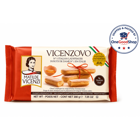 Vicenzovo Ladyfingers by Matilde Vicenzi | Classic Italian Ladyfingers for Tiramisu | Tray of 12 Cookies | 7.05 oz | 200g | All-Natural | Kosher | Dairy