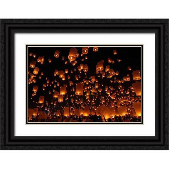 Vichaya 14x11 Black Ornate Wood Framed with Double Matting Museum Art Print Titled - Floating Lanterns