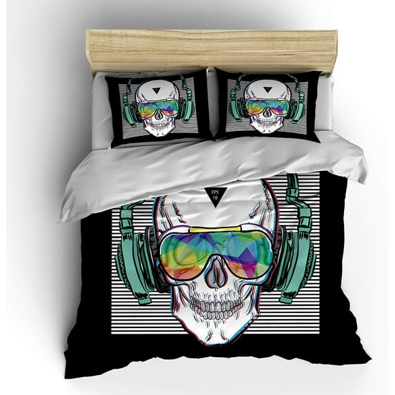 Vichonne Music Skull Comforter Sets Twin Size Boys Girls Punk Rocker Skeleton Printed Soft Warm Bedding for All Season