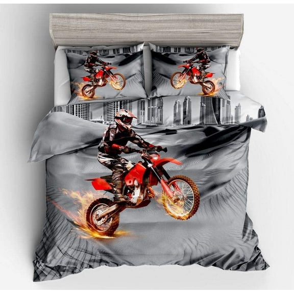 Vichonne Red Dirt Bike Bedding Sets Queen Size,3 Piece Motocross Extreme Sports Theme Duvet Cover Sets with Pillowcases for Teens Boys Girls Bedroom Decorative,No Comforter/Filling