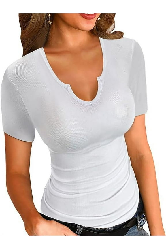 T Shirts for Women Summer Short Sleeves V Neck Slim Fitted Casual Tops Blouses Shirt Basic Tee White L