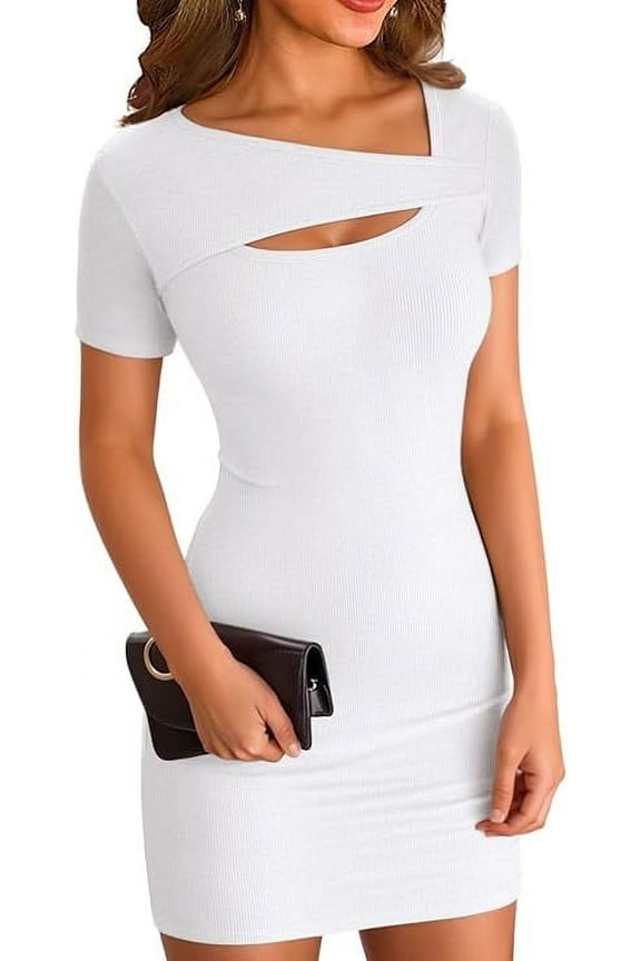 Women's Summer Mini Dress Short Sleeve Square Neck Cut Out Sexy Ribbed Knit Fitted Casual Pencil Bodycon Dresses