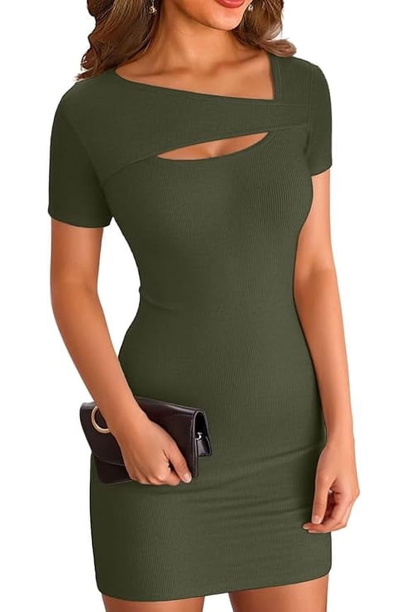 Women's Summer Mini Dress Short Sleeve Square Neck Cut Out Sexy Ribbed Knit Fitted Casual Pencil Bodycon Dresses