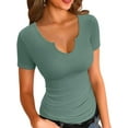 thumbnail image 1 of Vichvvy T Shirts for Women Summer Short Sleeves V Neck Slim Fitted Casual Tops Blouses Shirt Basic Tee Moss, 1 of 6