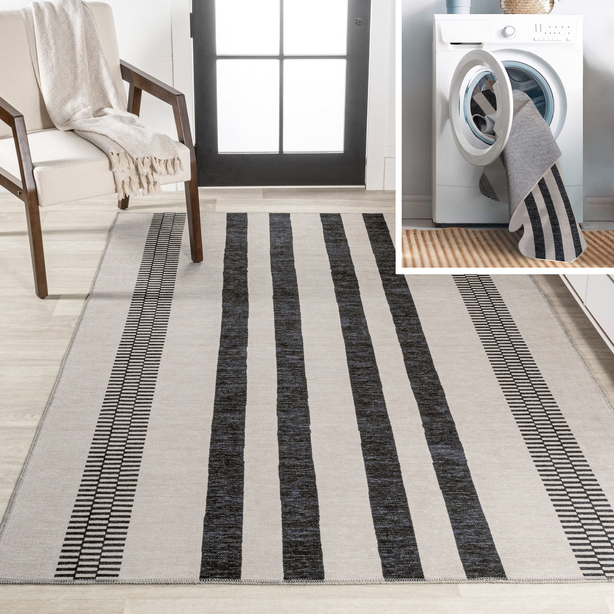 Modern Handcrafted Cream/Black Stripe Synthetic 9' x 12' Area Rug