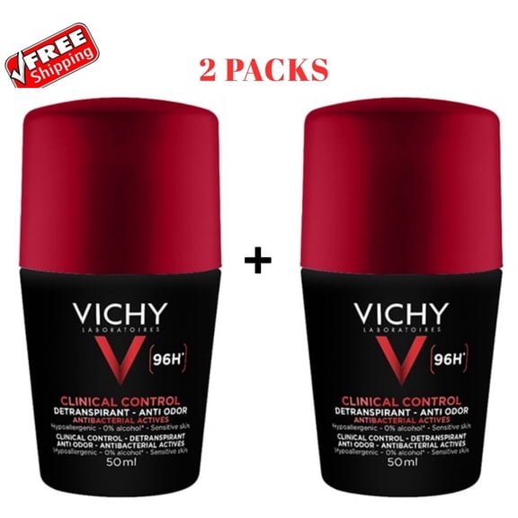 Vichy Homme Men's Clinical Control 96h Anti-Odor Antiperspirant Deodorant for Sensitive Skin 50ml. Pack of 2