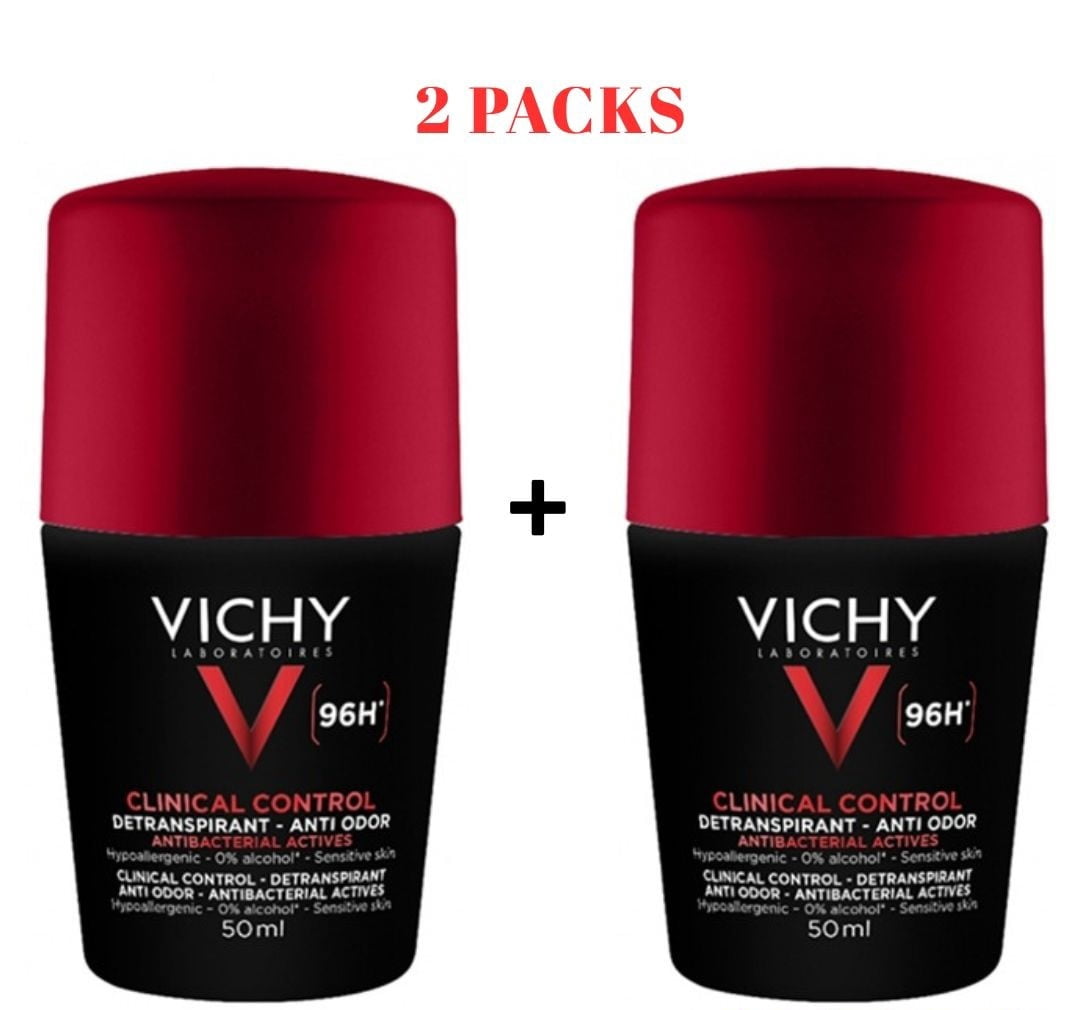 Vichy Homme Men's Clinical Control 96h Anti-Odor Antiperspirant Deodorant for Sensitive Skin 50ml. Pack of 2