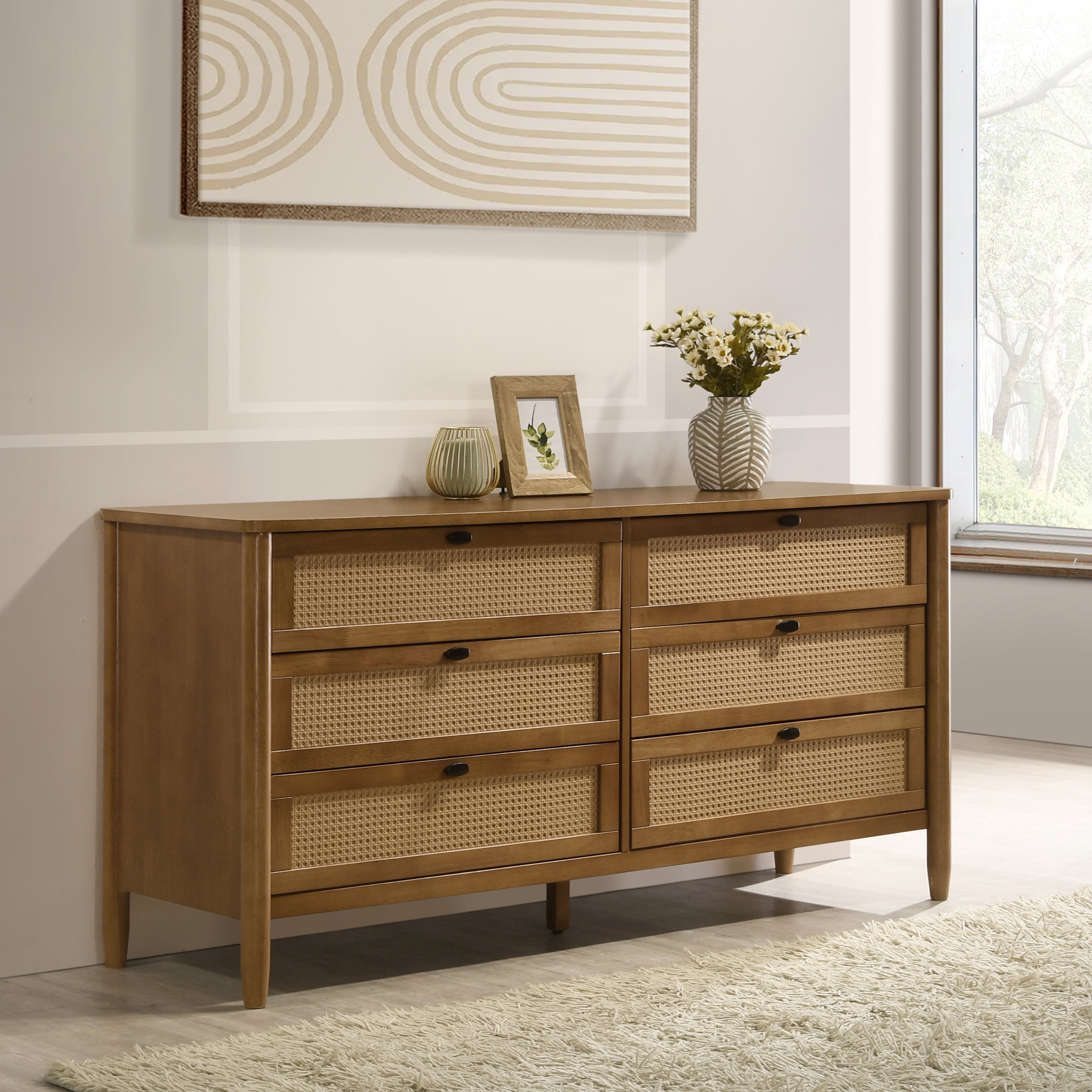 Vichy Wood and Rattan 6-Drawer Dresser
