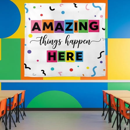 ViciArt Amazing Things Happen Here Classroom Tapestry – 30"x40" Polyester Motivational Wall Banner, Positive Teacher Decor for School
