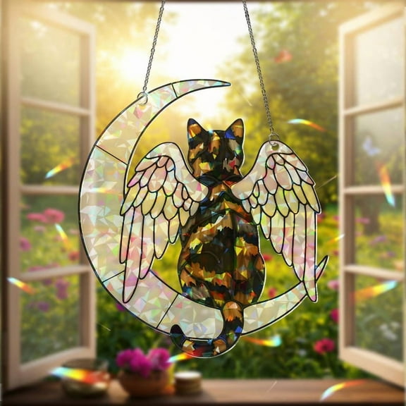 ViciArt Angel Cat Moon Acrylic Window Hanging – Tortoiseshell Design, Holographic 4" Suncatcher Décor