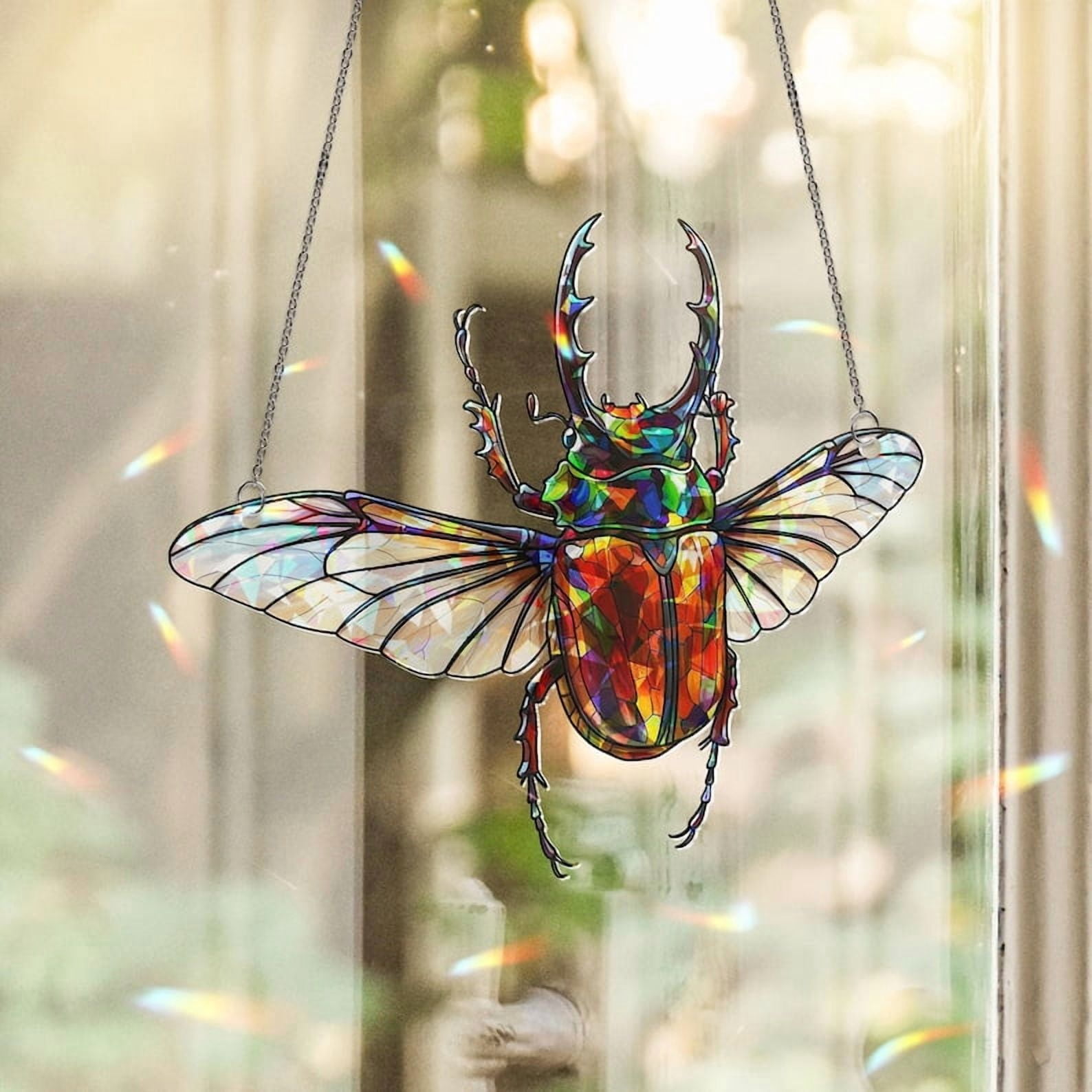 ViciArt Atlas Beetle Acrylic Suncatcher – 12" Holographic Insect Window Hanging, Stained Glass Style Bug Decor with Wings, Rainbow Light Prism Ornament
