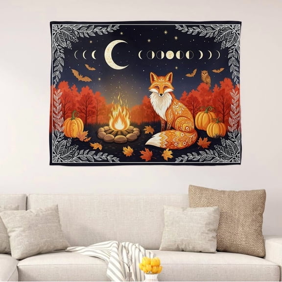 ViciArt Autumn Fox Moon Phase Tapestry – 30"x40" Polyester Campfire Night Scene Fall Wall Hanging