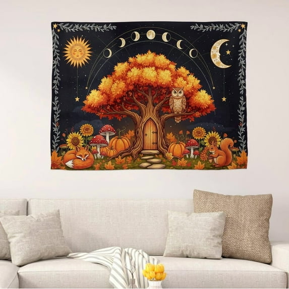 ViciArt Autumn Tree Portal Tapestry – 60"x80" Polyester Woodland Fox Owl Squirrel Moon Phase Wall Hanging