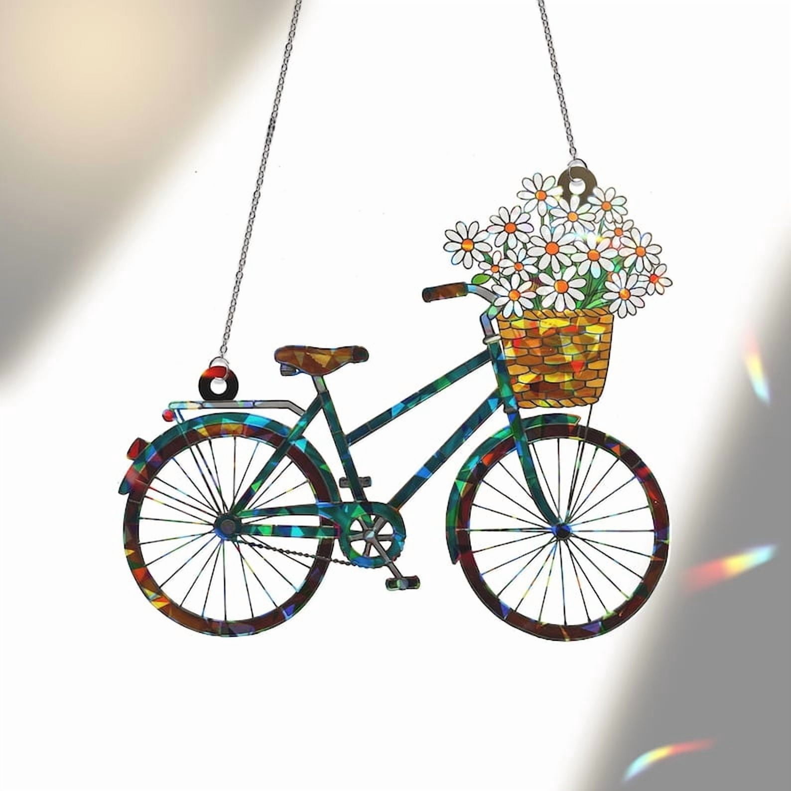 ViciArt Bicycle with Flower Basket Acrylic Suncatcher, 9” Holographic Window Hanging, Spring Garden Decor