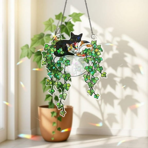 ViciArt Black & Calico Cats Acrylic Suncatcher – 6" Hanging Window Decor, Holographic Ivy Planter Ornament, Stained Glass Style Cat Lover Sunlight Prism Art