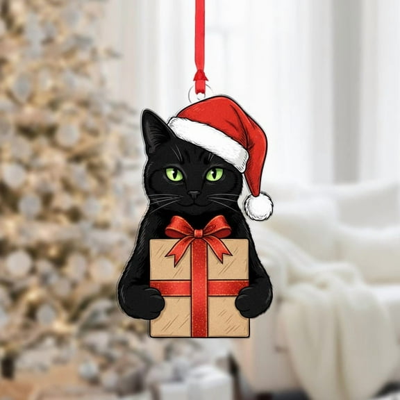 ViciArt Black Cat Christmas Ornament – Fiber Wood or Acrylic, Festive Kitty with Gift and Santa Hat