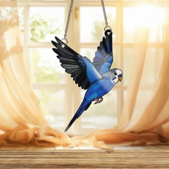 ViciArt Blue Budgie Parakeet Acrylic Suncatcher – 4" Flying Bird Faux Stained Glass Window Hanging Decor