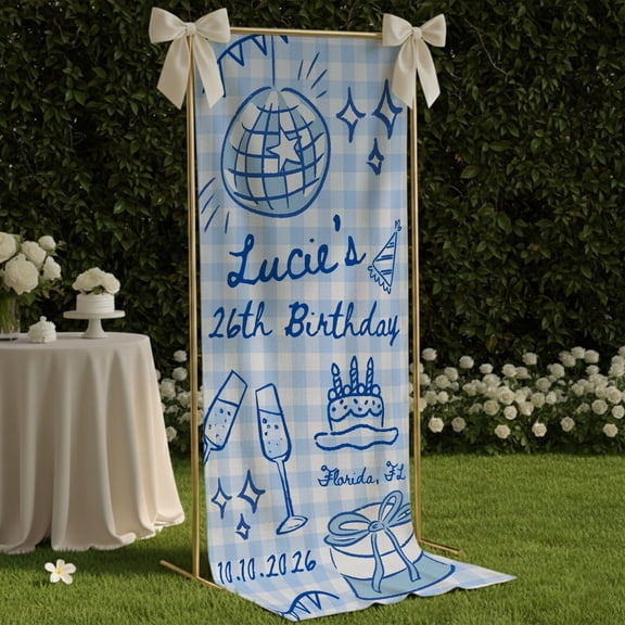 ViciArt Blue Gingham Personalized Birthday Banner: Party Backdrop with Disco Ball Illustration