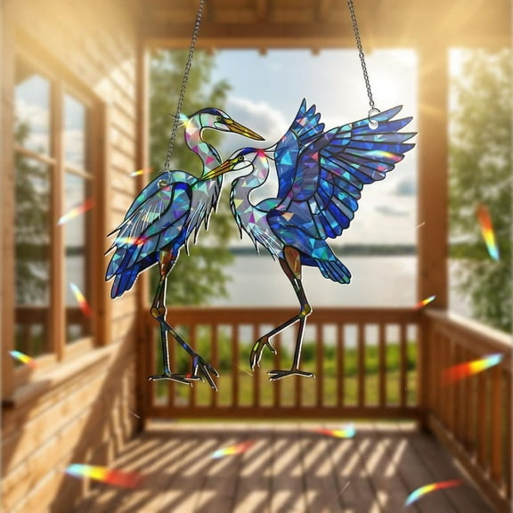 ViciArt Blue Herons Acrylic Suncatcher – 4" Holographic Bird Window Hanging, Stained Glass Style Lovebirds Ornament, Rainbow Prism Nature Decor for Home