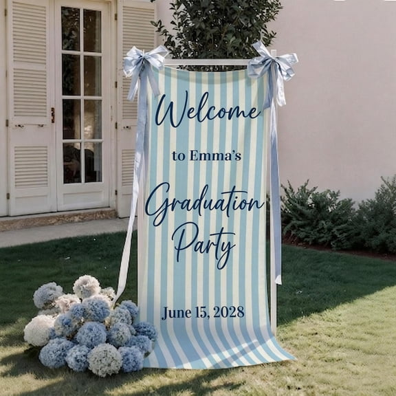 ViciArt Blue and White Striped Personalized Graduation Party Welcome Banner Sign