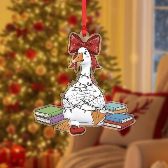 ViciArt Book Lover Goose Ornament, Christmas Tree Decoration, 3mm Acrylic or Wood, Holiday Reading Decor