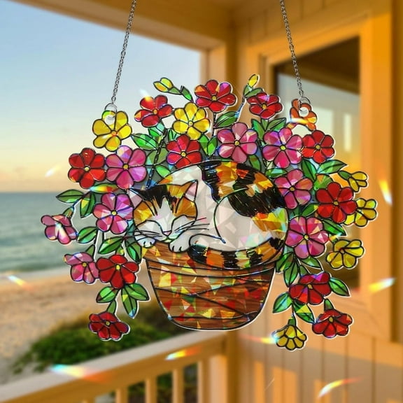 ViciArt Calico Cat Flower Pot Window Hanging, 4 Inch Acrylic Suncatcher, Vibrant Red & Yellow Blossom Decor, Stained Glass Style Sunlight Catcher for Cat Lovers