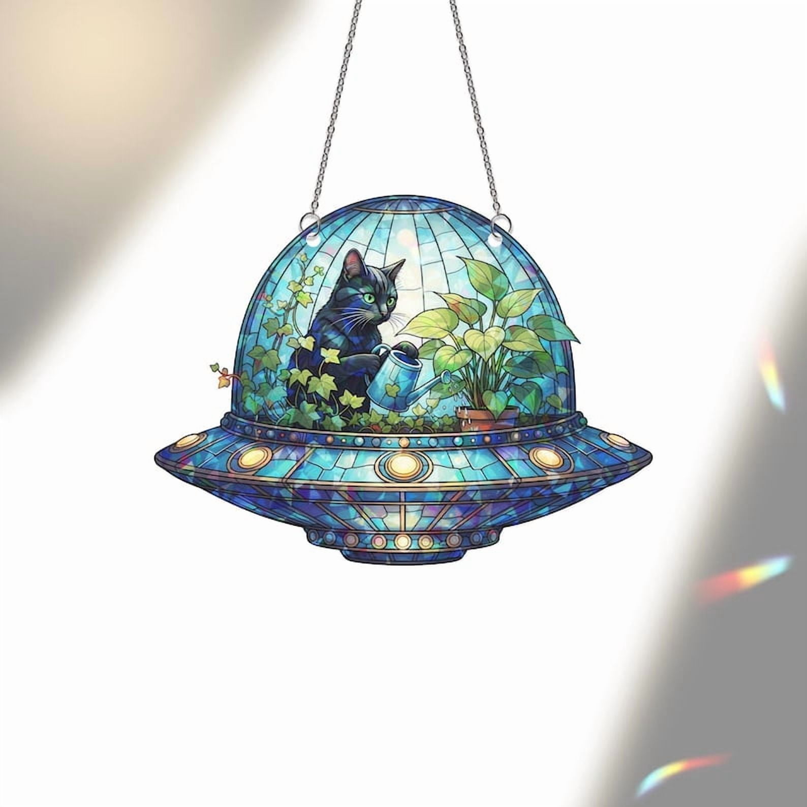 ViciArt Cat in UFO Acrylic Suncatcher, 9” Holographic Window Hanging, Alien Spaceship Plant Decor
