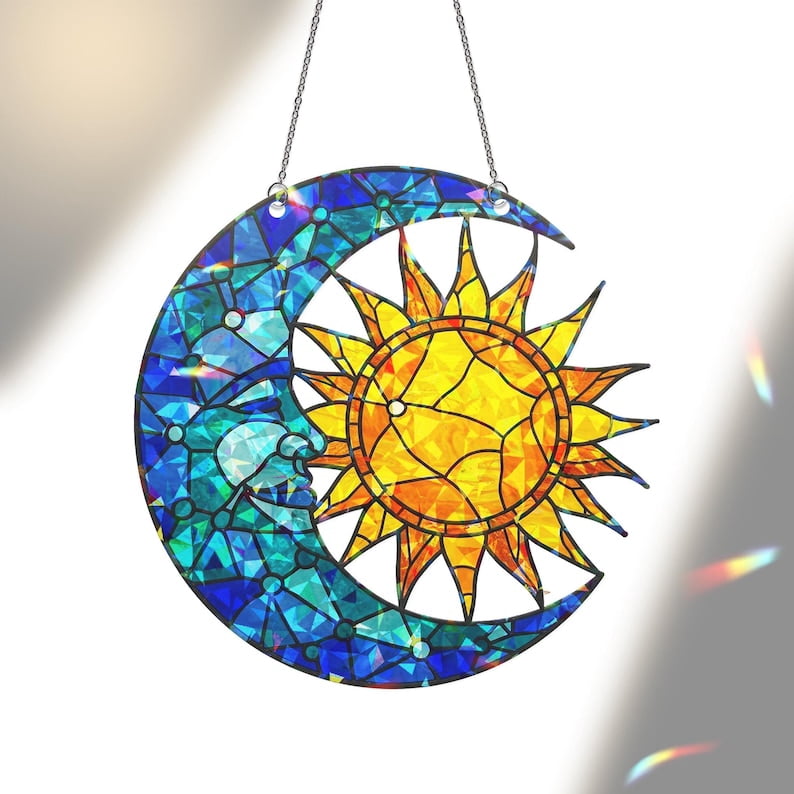 ViciArt Celestial Sun and Moon Acrylic Window Hanging – 12" Holographic Suncatcher, Boho Spiritual Décor