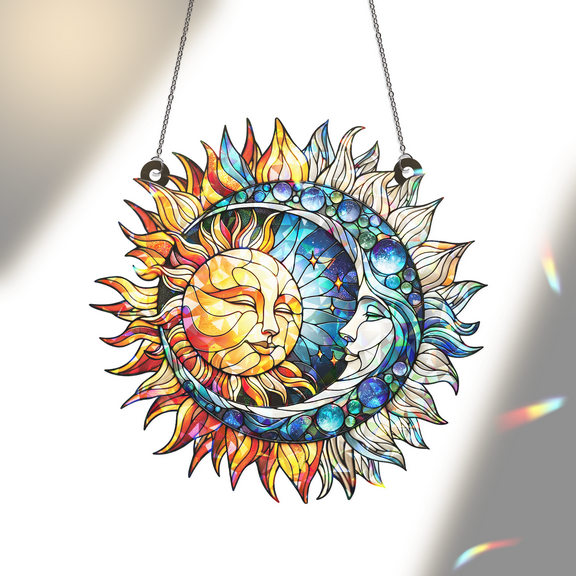 ViciArt Celestial Sun and Moon Acrylic Window Hanging – 9" Vibrant Suncatcher, Boho Spiritual Decor