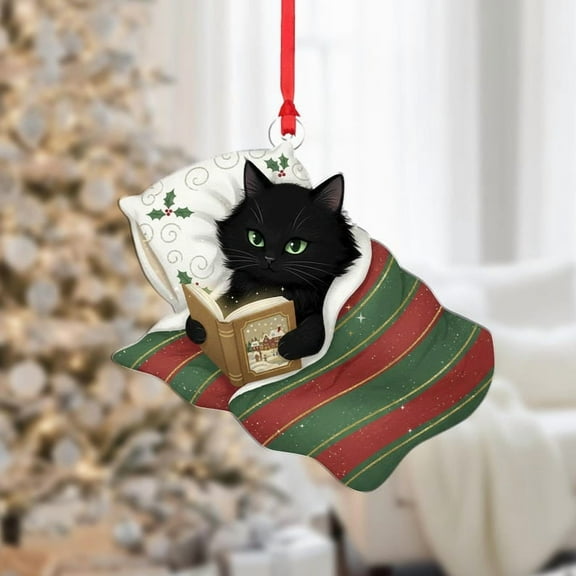ViciArt Christmas Black Cat Ornament – Cozy Holiday Book Reading Cat, Acrylic & Fiber Wood