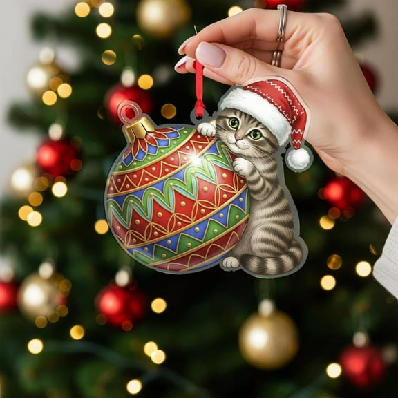 ViciArt Christmas Cat Ornament, Acrylic or Wood, Santa Hat, Holiday Tree Decoration, 3mm, Red & Green