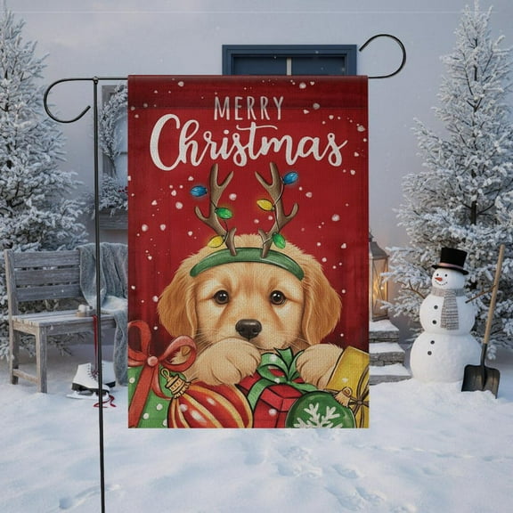 ViciArt Christmas Dog Garden Flag – Merry Christmas Outdoor Banner, 12” x 18” Puppy and Gifts Design