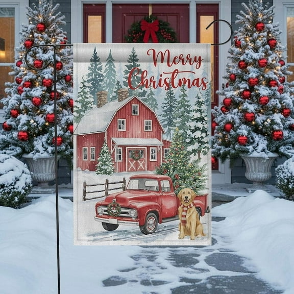 ViciArt Christmas Garden Flag – 12" x 18", Double-Sided Polyester, Red Barn, Vintage Truck & Dog Holiday Decor